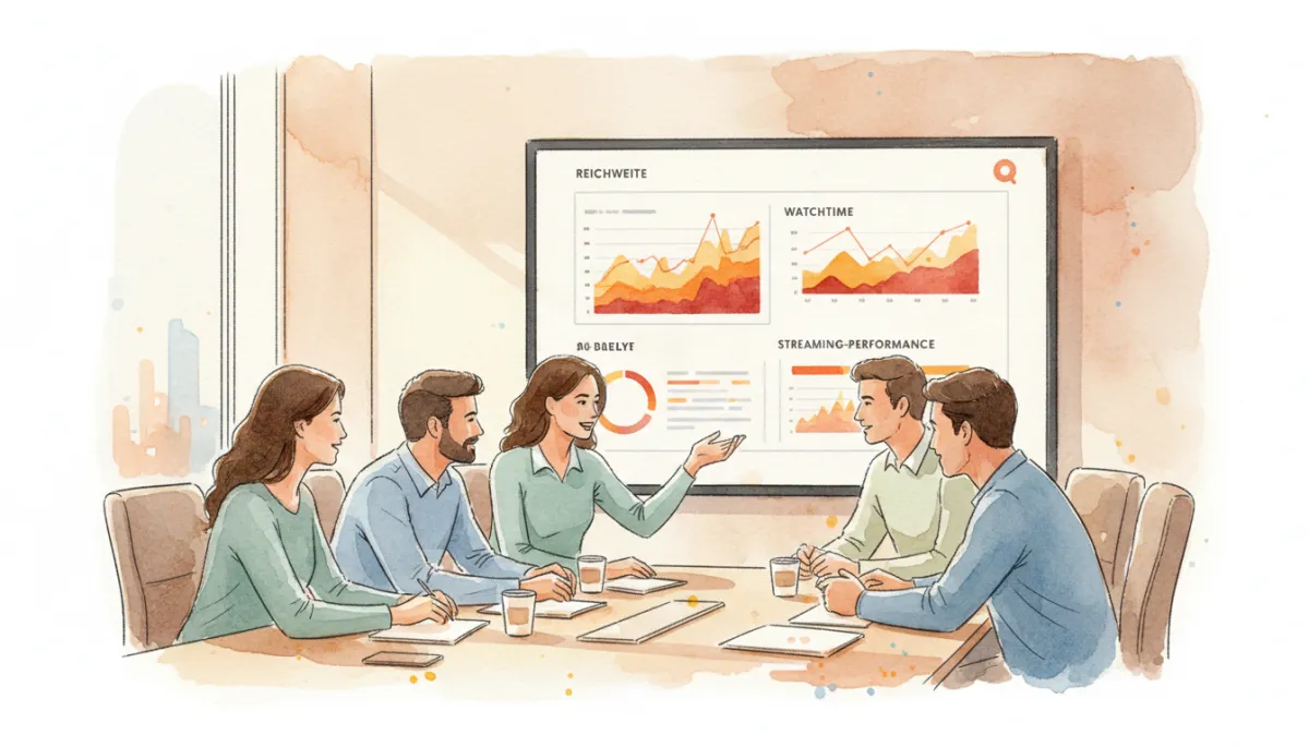 Team in Agentur analysiert Streaming- und Reichweiten-Daten auf einem großen Bildschirm