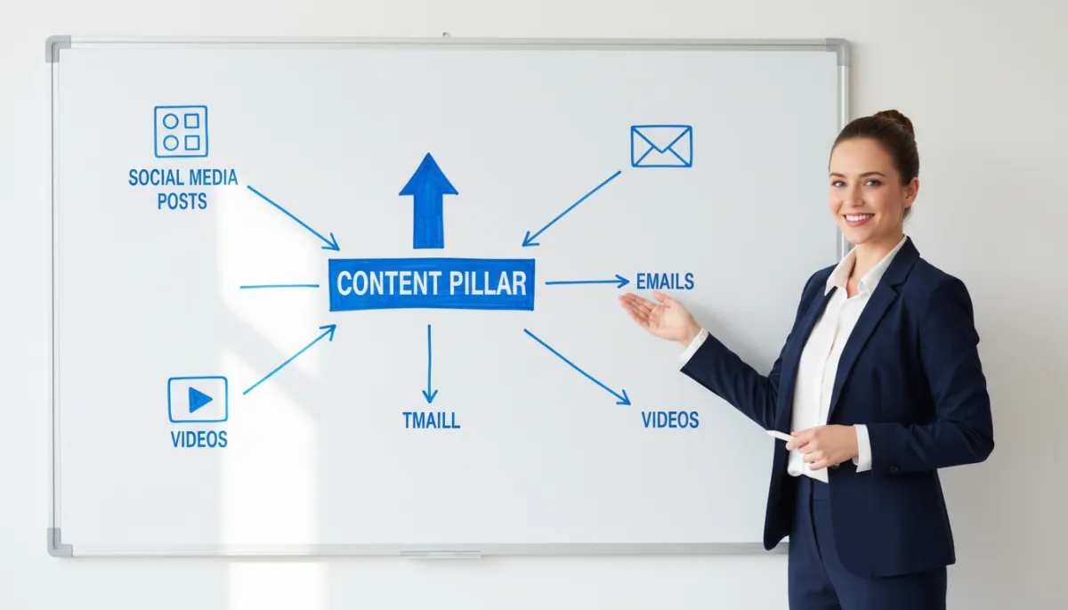 Consultant erklärt einen strukturierten Content-Flow von einem zentralen Inhalt zu mehreren Formaten