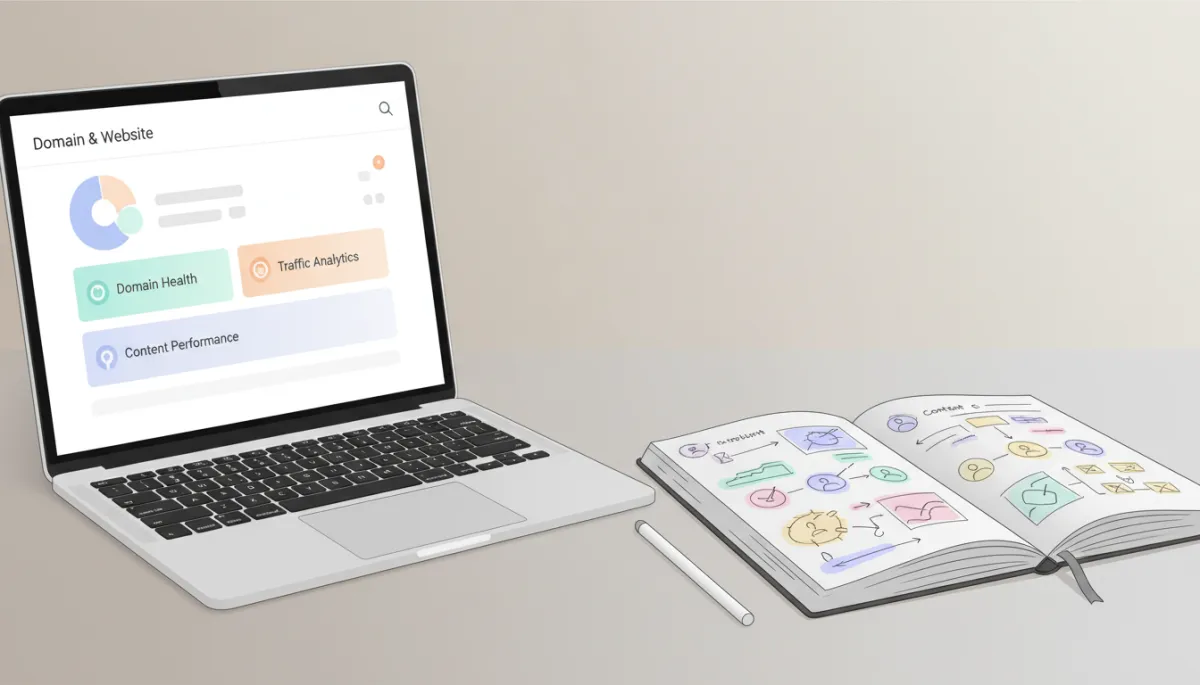 Laptop mit Domain- und Website-Verwaltung neben Notizen zu Content-Workflows