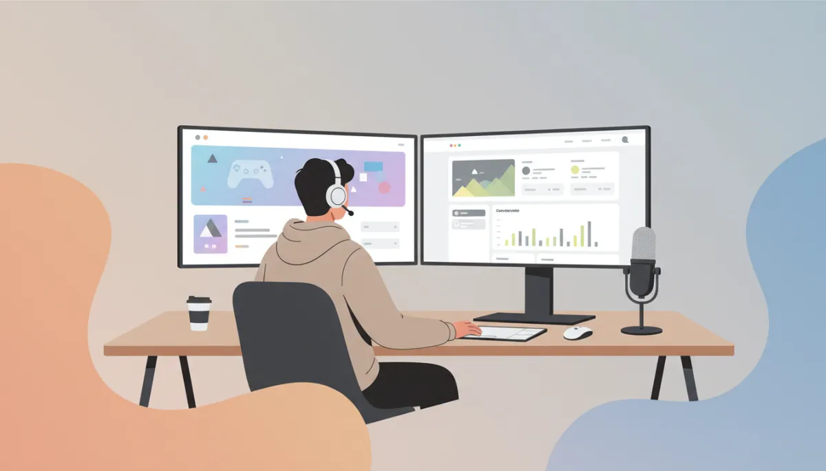 professionelle, neutrale Szene eines Content Creators an einem Schreibtisch mit zwei Monitoren, auf einem Bildschirm ein Gaming-Stream, auf dem anderen eine moderne Website mit Domain-Dashboard, dezente Farben, professioneller Fotostil