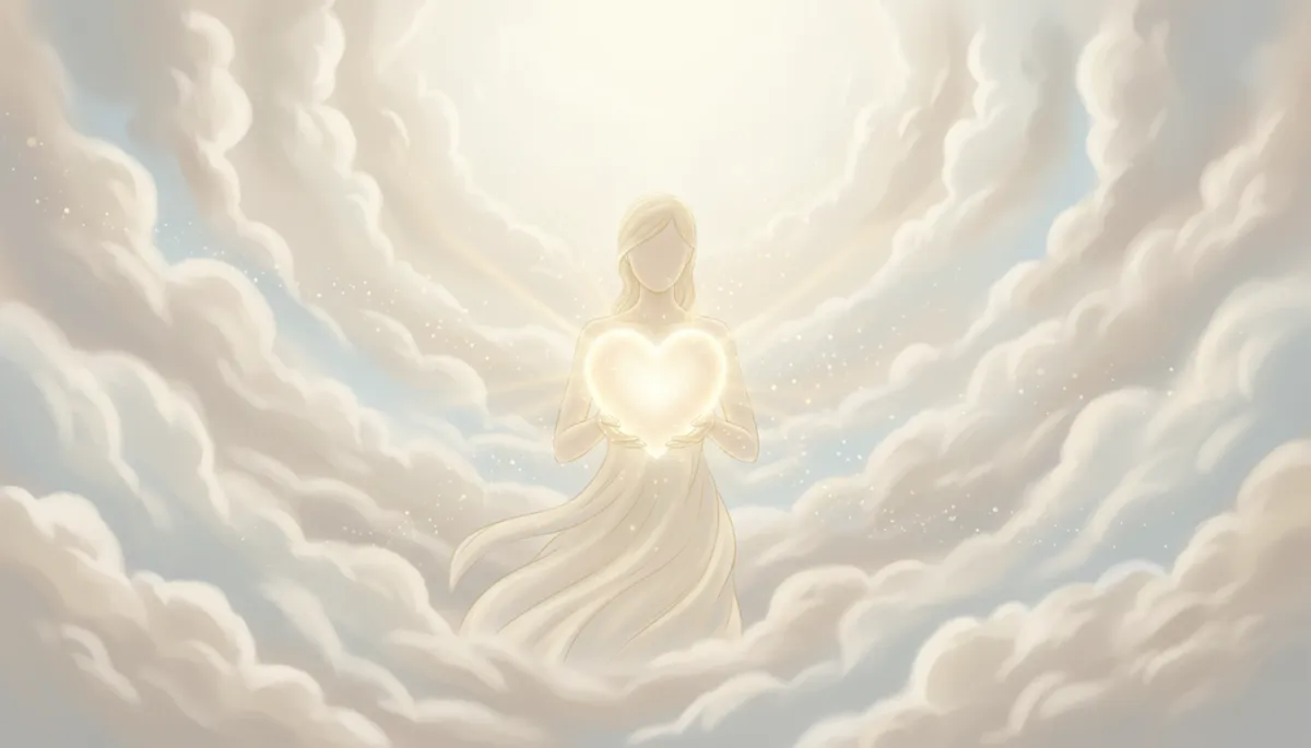 Ethereal illustration of a person holding a glowing heart of light
