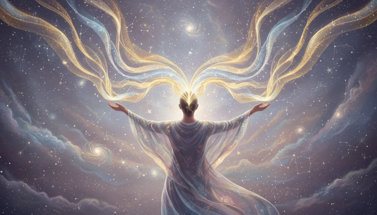 Ethereal illustration of a person receiving streams of universal light