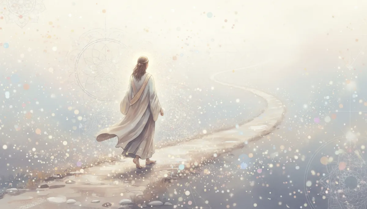 Ethereal illustration of a person walking mindfully along a glowing path