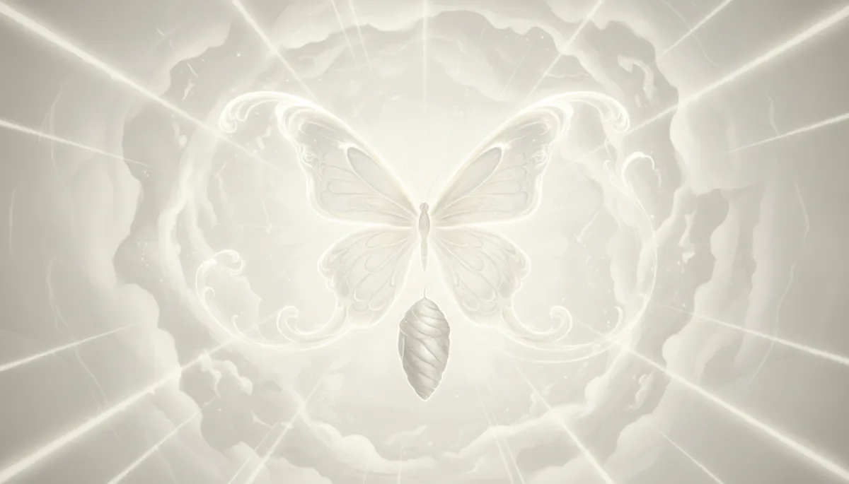 Ethereal illustration of a cocoon transforming into a luminous butterfly