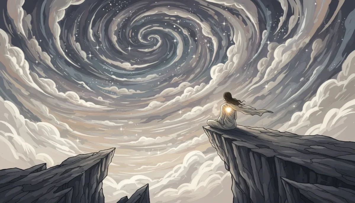 Ethereal illustration of a person reflecting under a starry sky