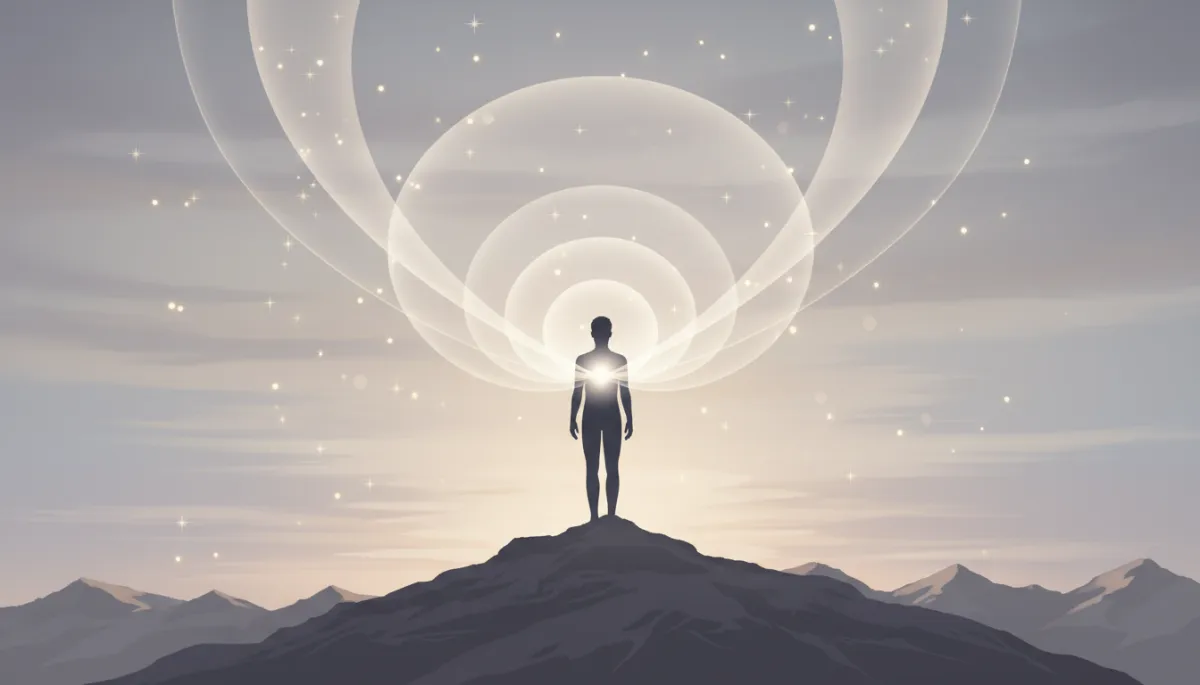 ethereal and spiritual illustration of a human silhouette standing on a mountain ridge at dawn, subtle neutral tones, soft glowing light rising from the heart and expanding into the sky as layered concentric waves, star-like points of light suggesting higher consciousness, minimalist and serene composition
