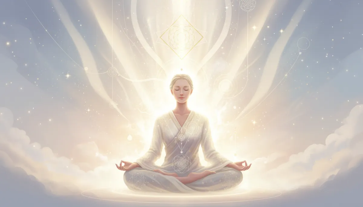 ethereal and spiritual illustration of a person meditating in a soft neutral-toned light field, subtle geometric patterns and gentle beams rising upward, calm celestial atmosphere