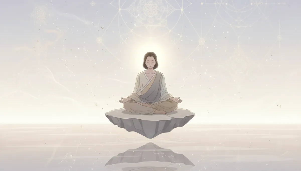 ethereal and spiritual illustration of a person sitting in quiet meditation on a floating platform above calm water, soft neutral colors, subtle glowing aura around the head, delicate constellations and geometric sacred patterns in the sky