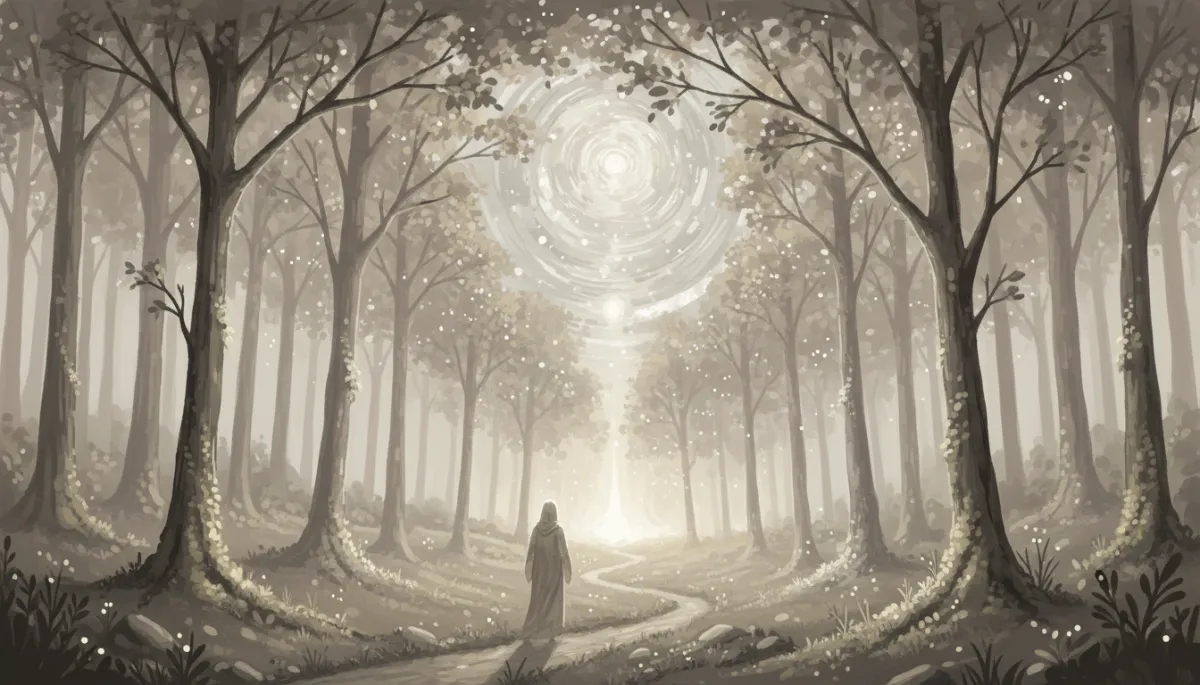 ethereal and spiritual illustration of a lone figure walking through a twilight forest toward a distant soft light, neutral beige and gray tones, gentle glowing stars overhead