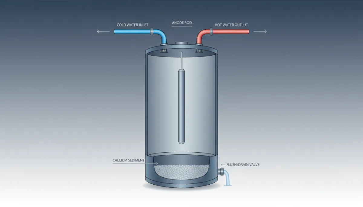 Cutaway illustration of a water heater tank after calcium buildup removal