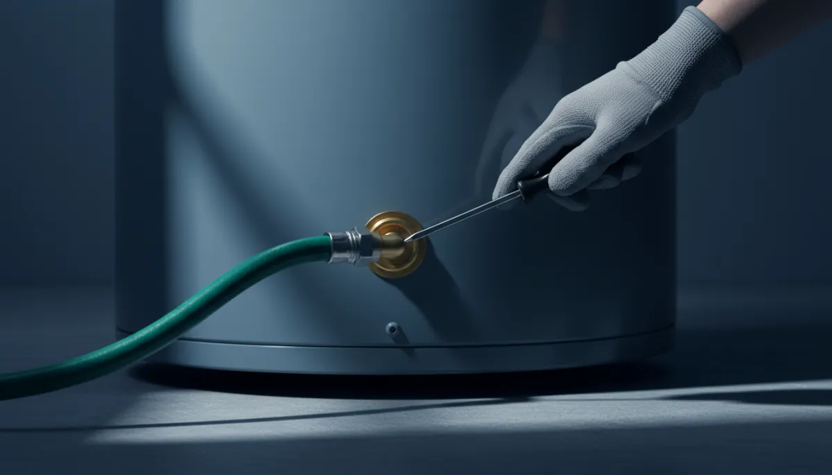 Garden hose attached to a water heater drain valve during flushing