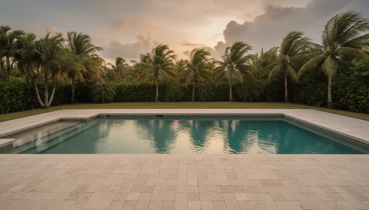 Florida backyard pool with water level lowered before a hurricane