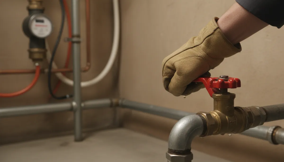 Plumber turning a main water shut-off valve in a Florida home
