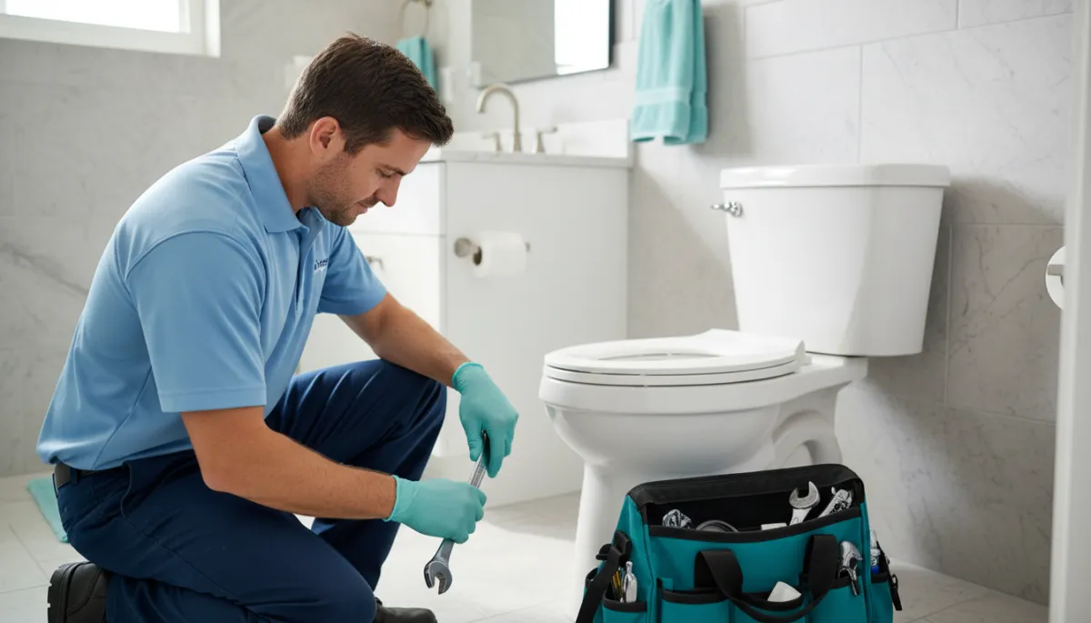 Plumber installing a new toilet in a modern Naples bathroom