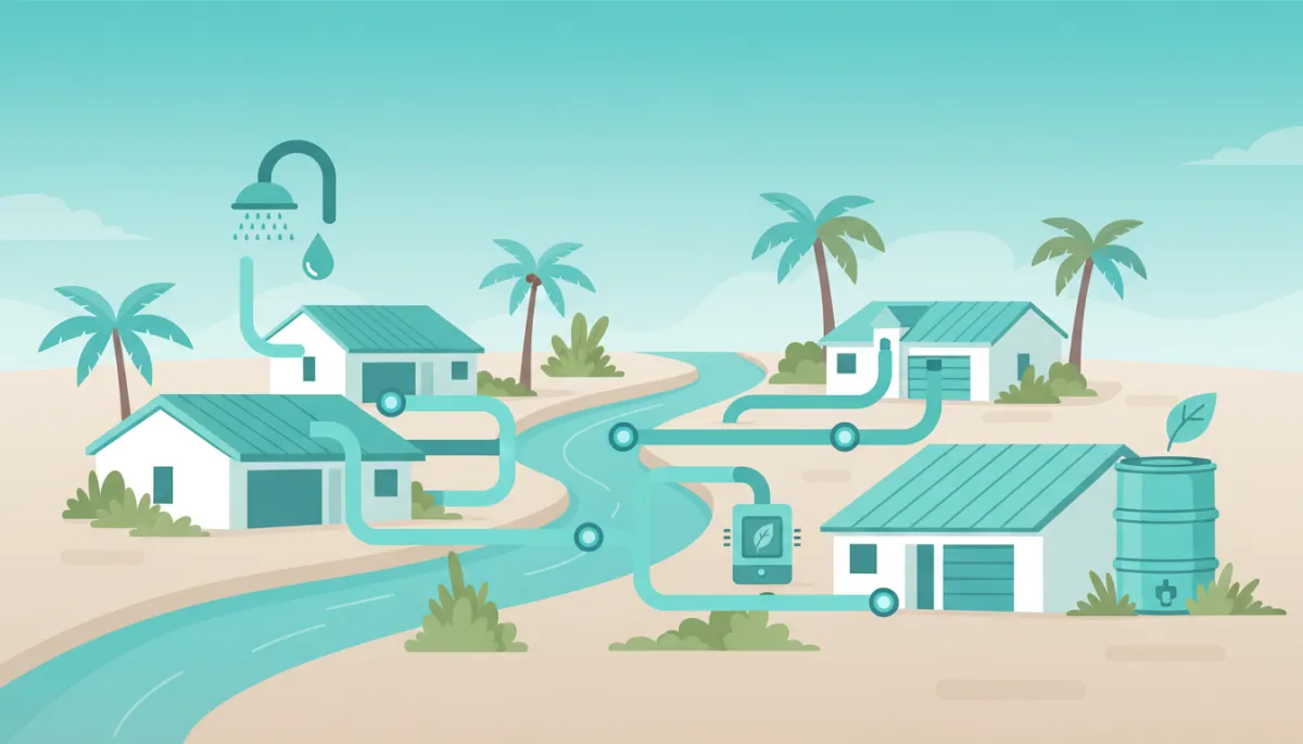 Modern clean illustration of a Southwest Florida neighborhood working together to conserve water