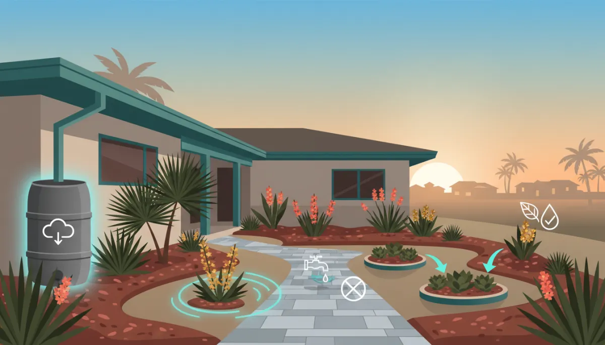 Modern clean illustration of a drought-tolerant Southwest Florida yard with native plants and a rain barrel