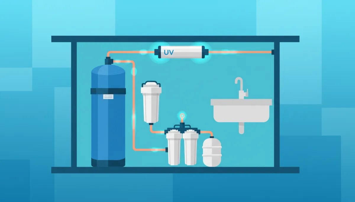Home water treatment setup including softener, filtration, reverse osmosis, and UV systems