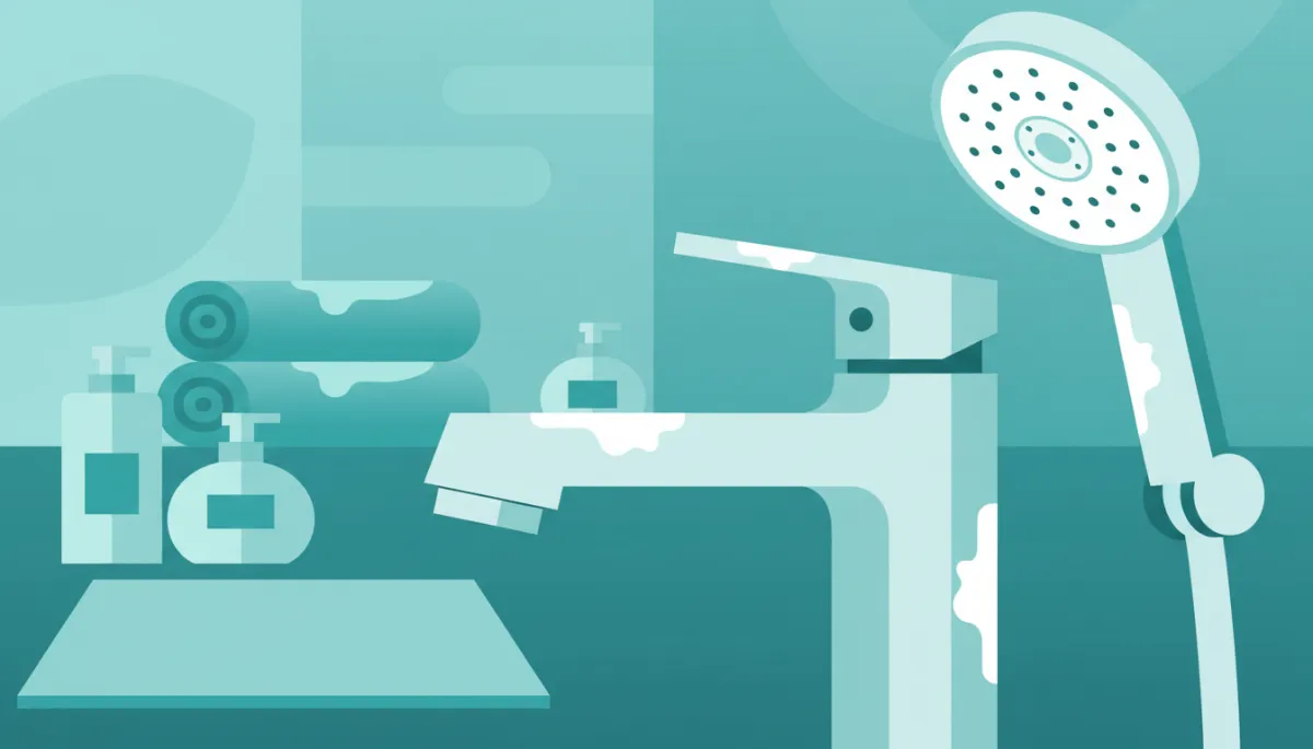 Hard water scale buildup on a modern bathroom faucet and showerhead
