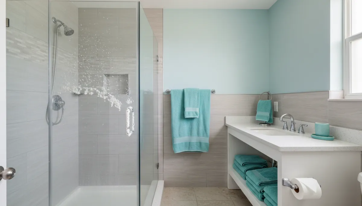 Cape Coral bathroom shower glass and fixtures with visible hard water spots