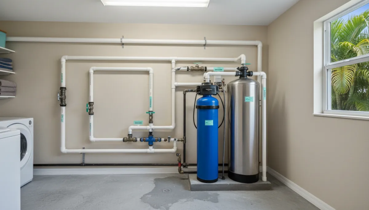 Whole-house water filtration and softener system installed in a Cape Coral utility room