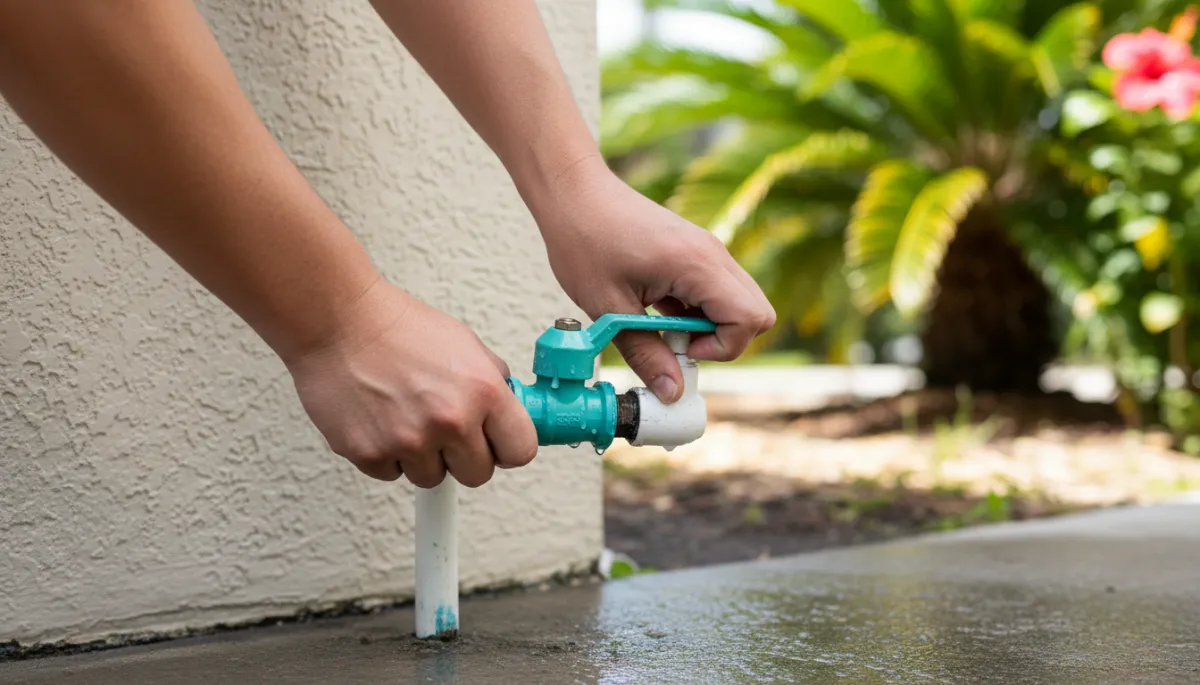 Homeowner shutting off the main water valve before a hurricane Homeowner shutting off the main water valve before a hurricane