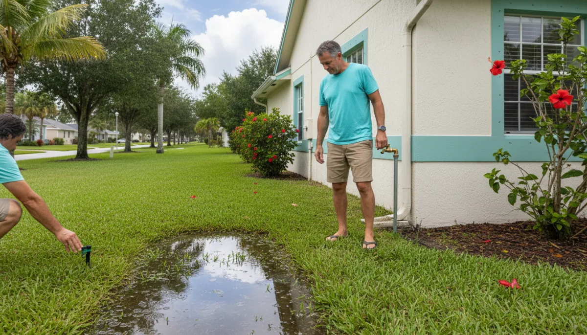 Homeowner performing a post-storm plumbing and leak inspection outside Homeowner performing a post-storm plumbing and leak inspection outside