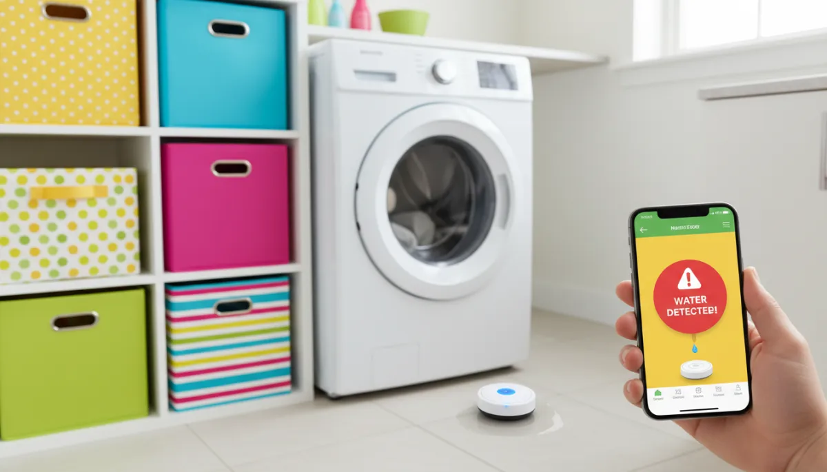 Smart leak detector near washing machine sending an alert to a smartphone Smart leak detector near washing machine sending an alert to a smartphone