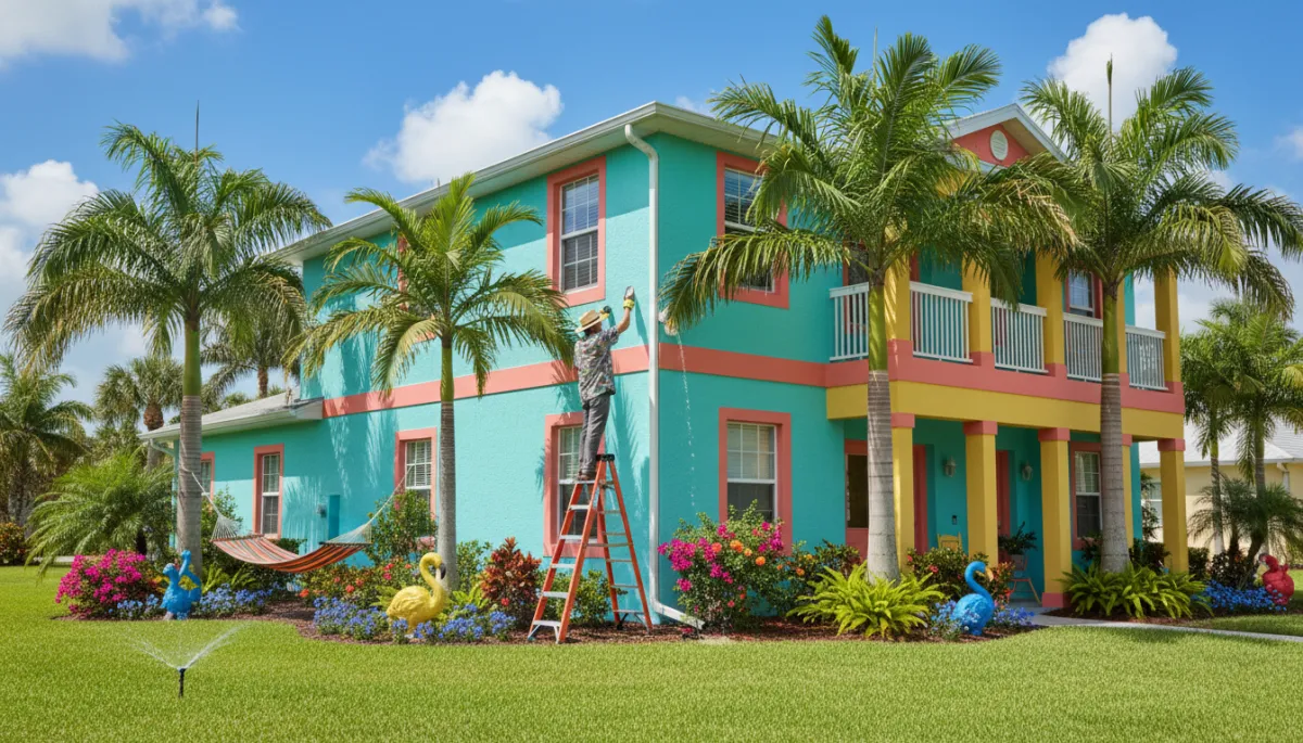 Florida homeowner cleaning gutters on a bright sunny day Florida homeowner cleaning gutters on a bright sunny day