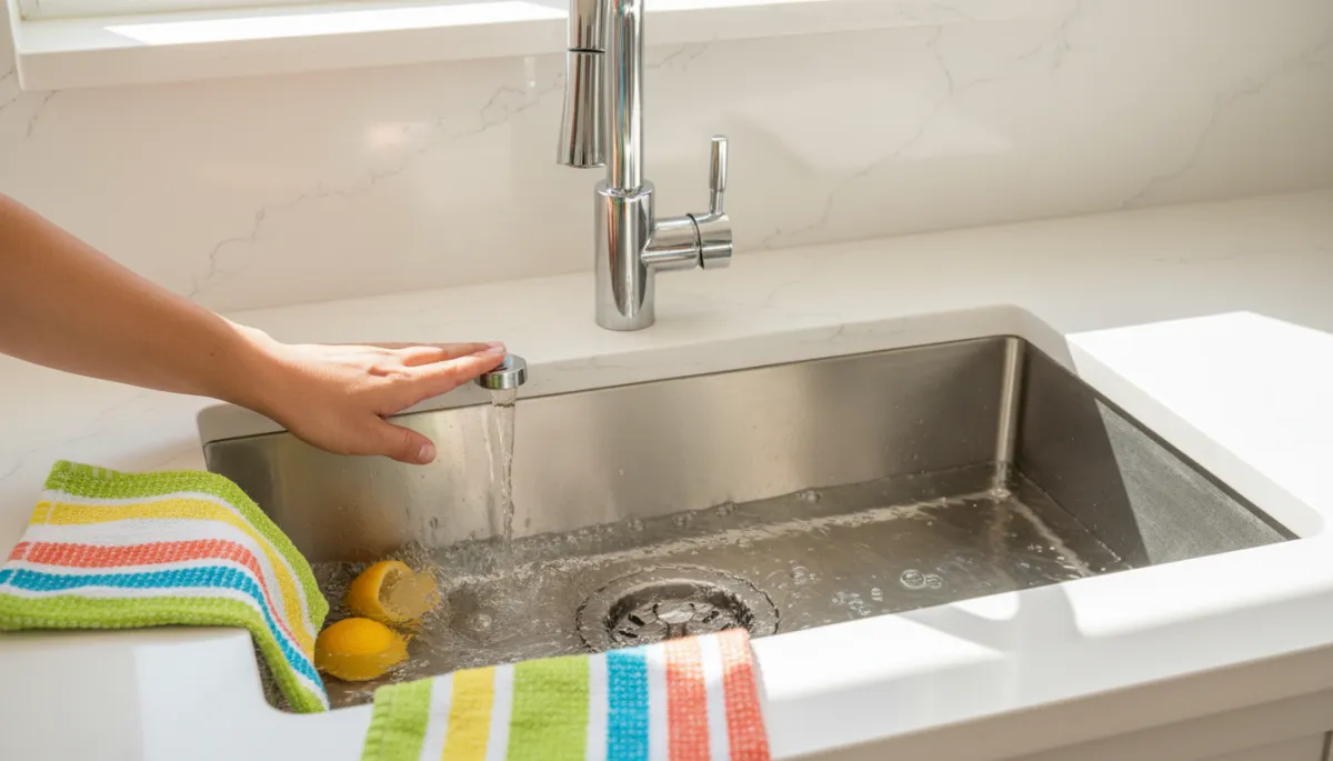 Homeowner cleaning kitchen garbage disposal with lemon peels and ice Homeowner cleaning kitchen garbage disposal with lemon peels and ice