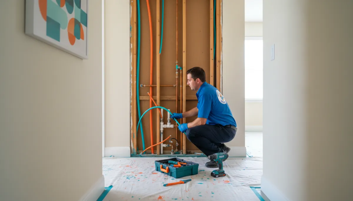 Technician installing new PEX pipes during a whole-home repipe