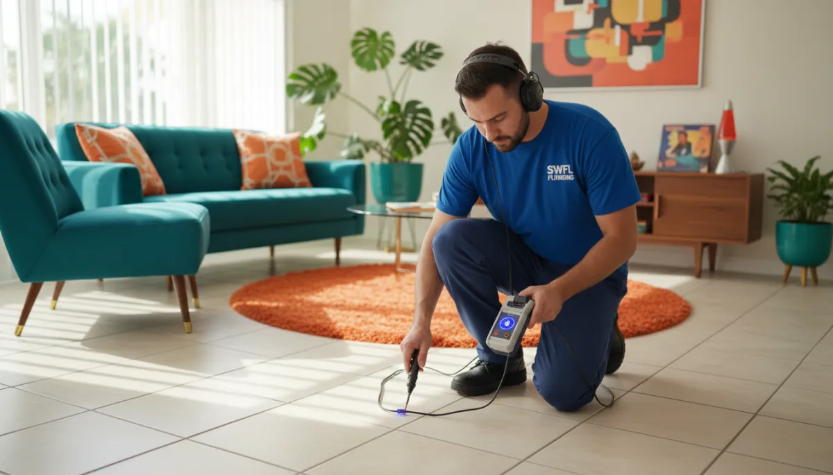 Plumber checking for slab leaks in a Southwest Florida home