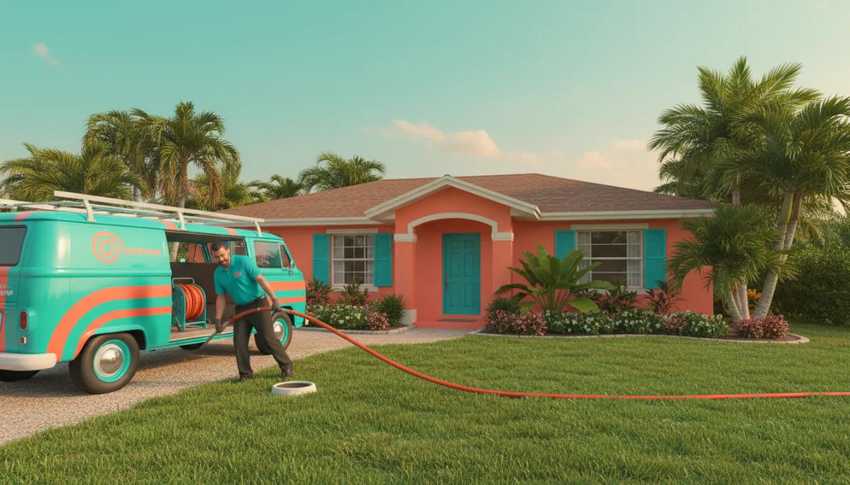 photographic realistic plumber in pop retro style van parked in front of a Southwest Florida home, unrolling a hydro jetting hose toward a cleanout, bright teal and coral details