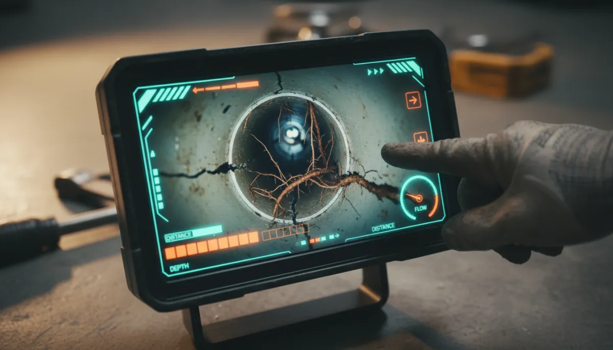 photographic realistic close-up of a sewer camera monitor showing the inside of a pipe with cracks and roots, plumber’s hand pointing at the screen, pop retro teal and orange interface elements