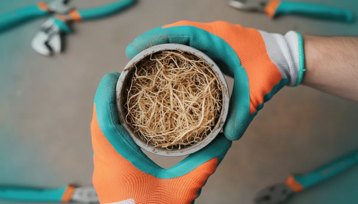 photographic realistic close-up of a cut-open sewer pipe filled with fine tree roots, plumber’s gloved hands holding the section, vibrant pop retro teal and orange tool accents