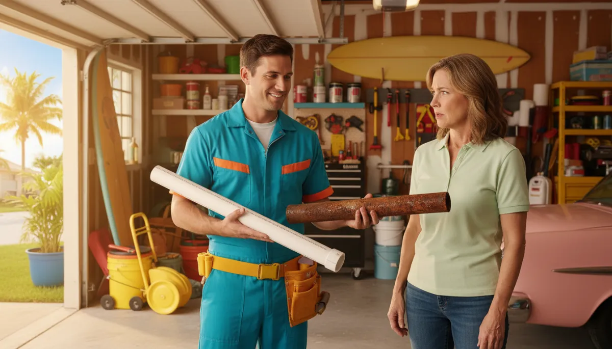 photographic realistic plumber in pop retro colored uniform showing a homeowner two pipe sections, one new PVC and one corroded cast iron, inside a bright Florida garage