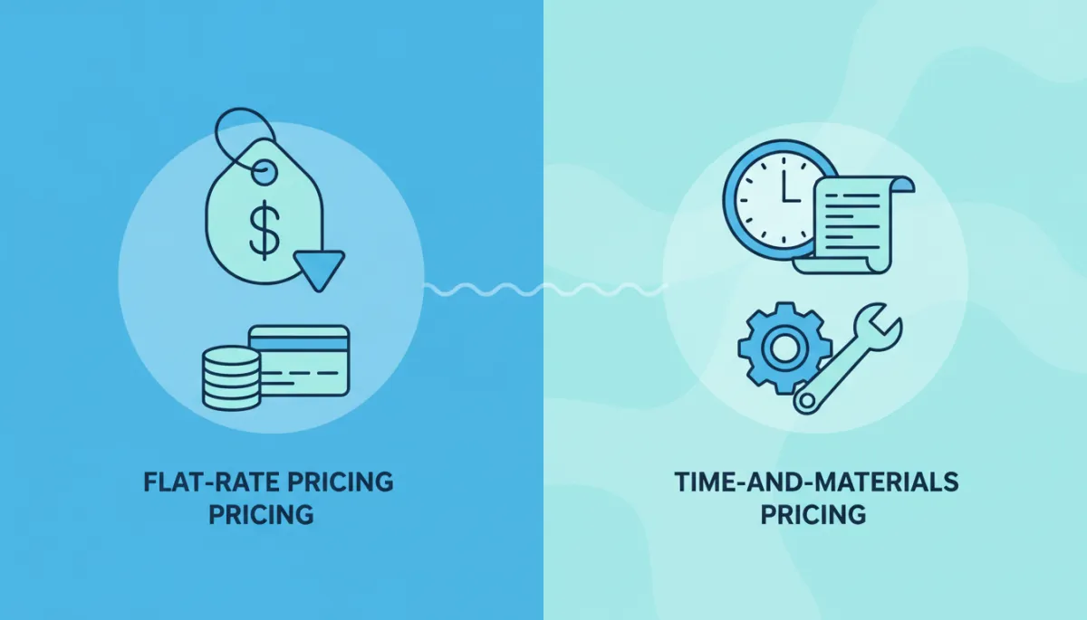 Illustration comparing flat-rate plumbing pricing to time-and-materials pricing Illustration comparing flat-rate plumbing pricing to time-and-materials pricing