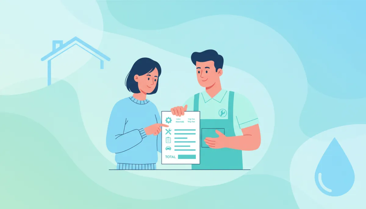 Illustration of a homeowner reviewing a detailed plumbing estimate with a plumber Illustration of a homeowner reviewing a detailed plumbing estimate with a plumber