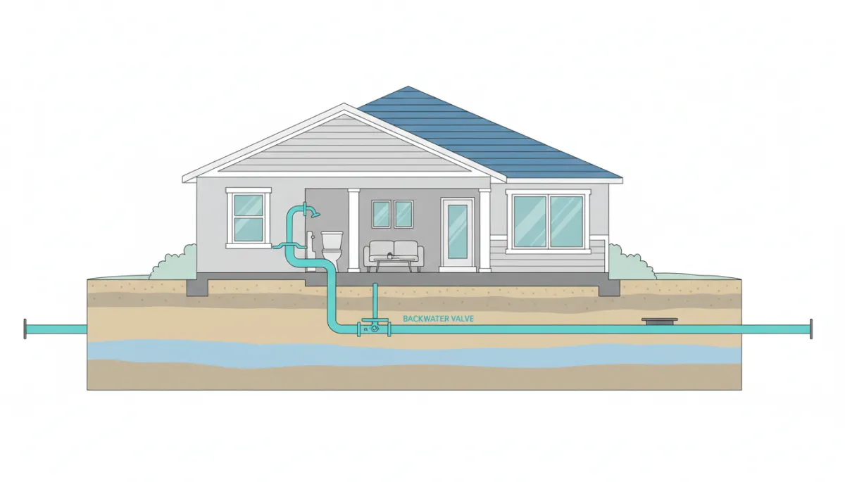 Modern clean diagram of a home sewer line with a backwater valve installed Modern clean diagram of a home sewer line with a backwater valve installed