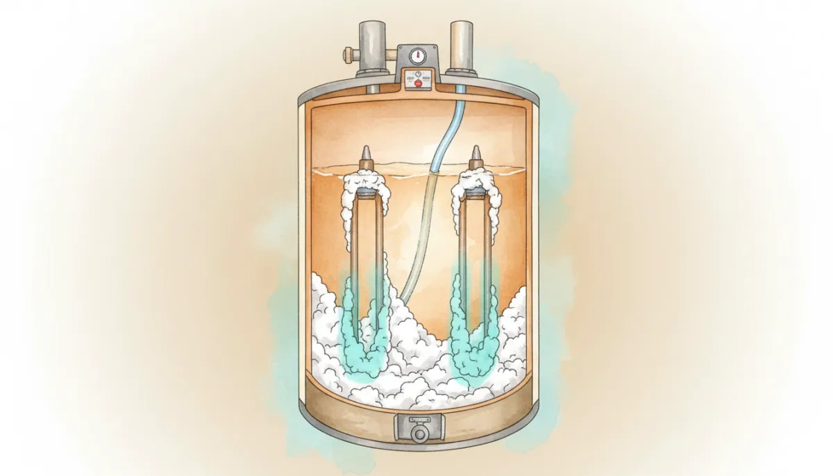 professional photorealistic cutaway illustration of a water heater tank showing thick white mineral scale at the bottom and on heating elements, with fresh aqua accents highlighting problem areas