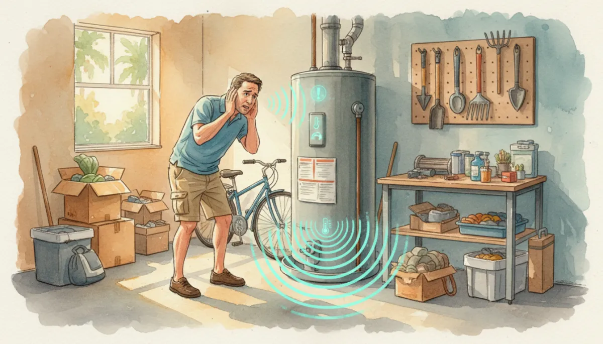 professional photorealistic scene of a Southwest Florida homeowner listening to a noisy water heater in a garage, with subtle fresh aqua highlights on warning icons and sound waves