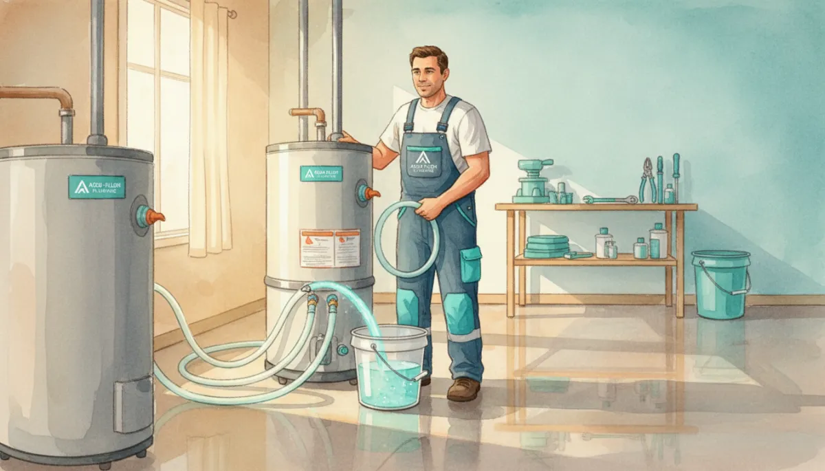 professional photorealistic plumber in a clean garage flushing a water heater with hoses attached, fresh aqua accents on tools and branding