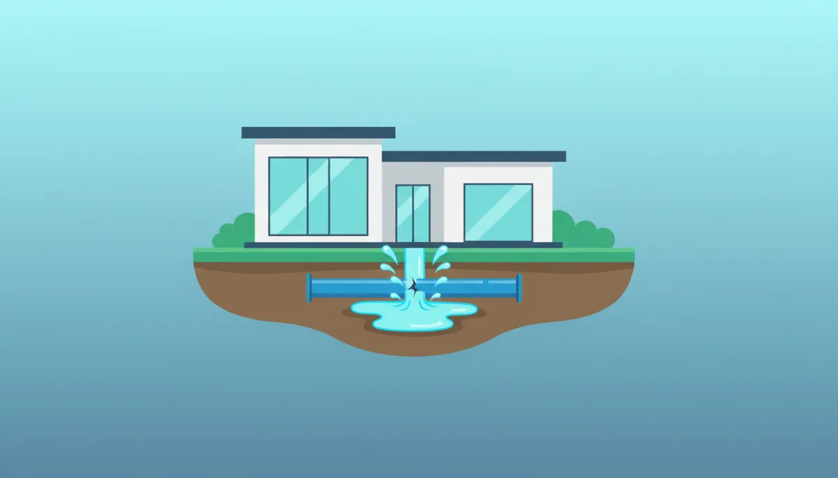 modern clean flat illustration of a house cutaway showing underground water line with a small leak, fresh aqua water flow highlighting problem area modern clean flat illustration of a house cutaway showing underground water line with a small leak, fresh aqua water flow highlighting problem area