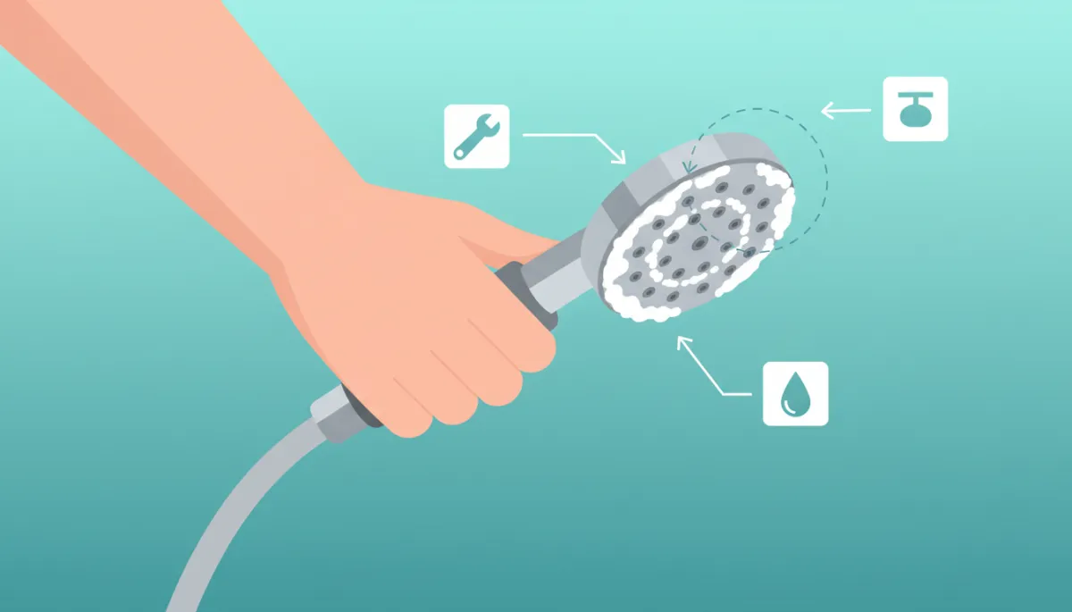 modern clean flat illustration of a hand removing a showerhead clogged with white limescale, fresh aqua background and simple labeled parts modern clean flat illustration of a hand removing a showerhead clogged with white limescale, fresh aqua background and simple labeled parts