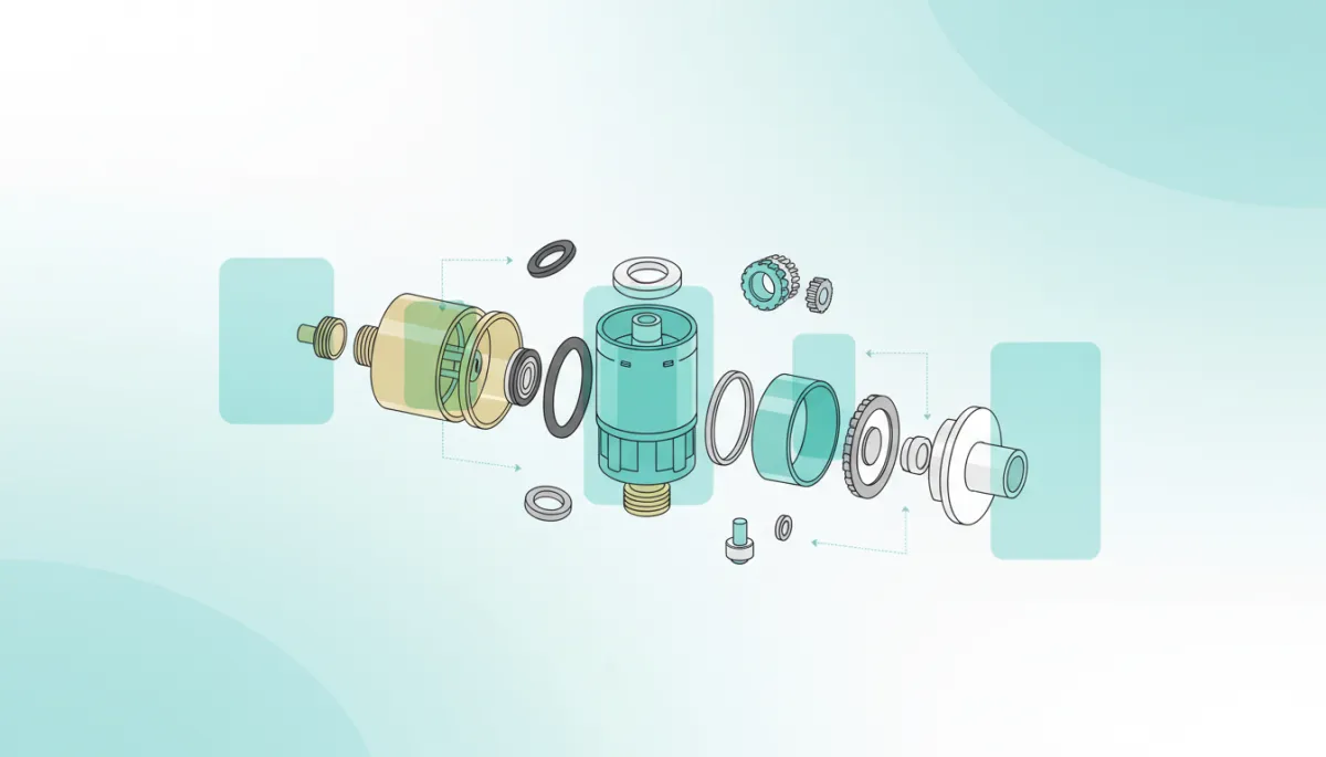 modern clean flat illustration of an exploded view of a shower valve and cartridge, labeled parts with fresh aqua highlights modern clean flat illustration of an exploded view of a shower valve and cartridge, labeled parts with fresh aqua highlights