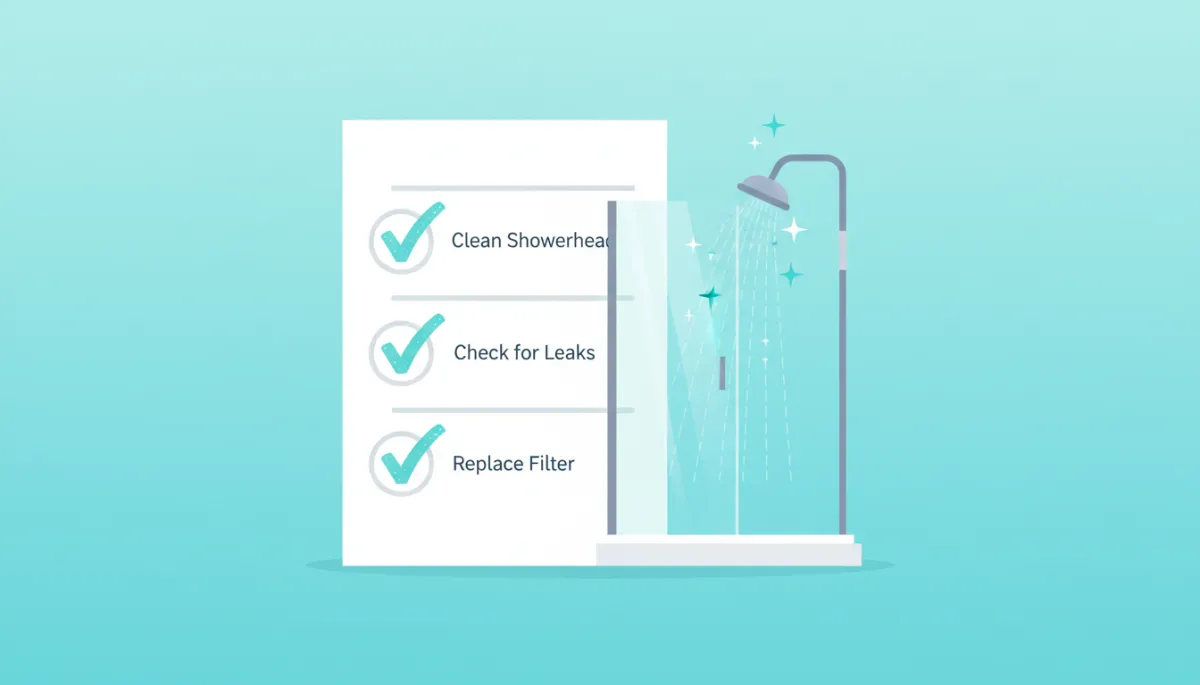 modern clean flat illustration of a checklist and sparkling shower, with fresh aqua checkmarks highlighting completed maintenance tasks modern clean flat illustration of a checklist and sparkling shower, with fresh aqua checkmarks highlighting completed maintenance tasks