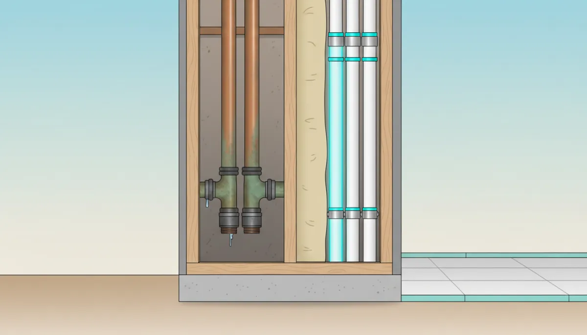 Modern clean comparison of old copper plumbing versus new PEX piping Modern clean comparison of old copper plumbing versus new PEX piping