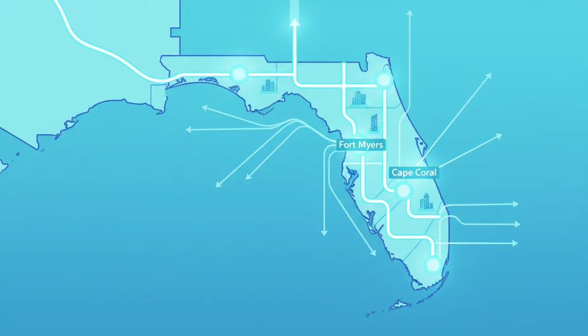 Modern clean map-style illustration of Lee County water system around Fort Myers and Cape Coral Modern clean map-style illustration of Lee County water system around Fort Myers and Cape Coral