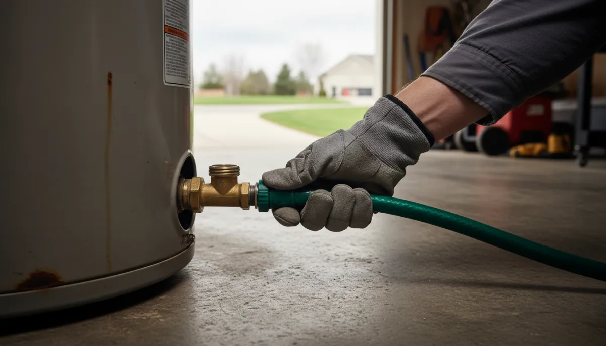 Garden hose connected to the drain valve of a tank water heater Garden hose connected to the drain valve of a tank water heater
