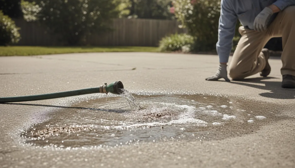Clear water and remaining sediment flushing from a water heater hose Clear water and remaining sediment flushing from a water heater hose