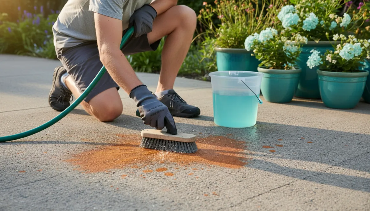 Homeowner cleaning iron stains from driveway with rust remover Homeowner cleaning iron stains from driveway with rust remover